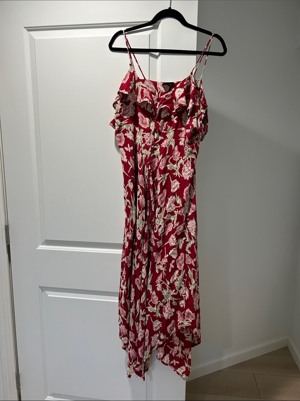 Topshop Red Floral Asymmetrical Ruffle Spaghetti-Strap Dress
